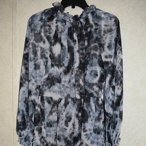 New Calvin Klein Ruffle Mock Long Balloon Sleeve Tie Dye Chiffon Dress